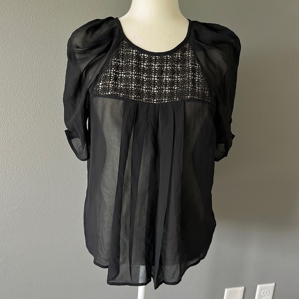 Joie Silk Black Pleated Blouse with Short Sleeves